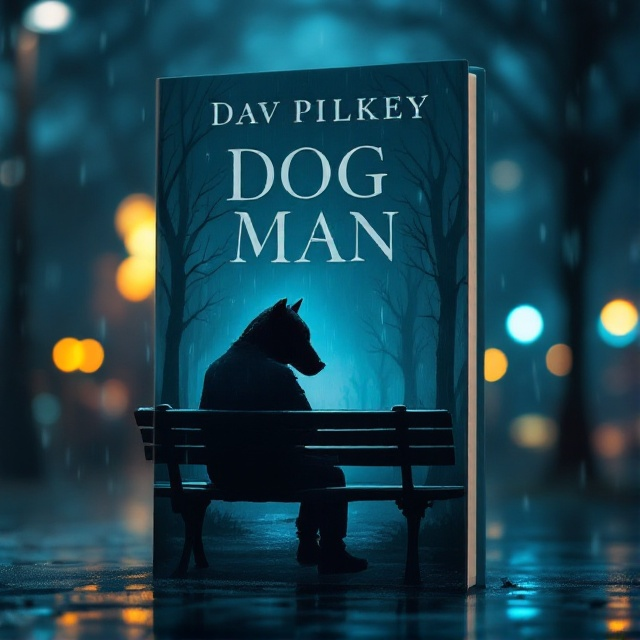 [A gentle silhouette of a man with a dog's head, sitting alone on a park bench, looking down sadly. The background features a dimly lit, rainy evening, with raindrops visible and a few blurred city lights far in the distance. The dominant color theme is various shades of blue.].