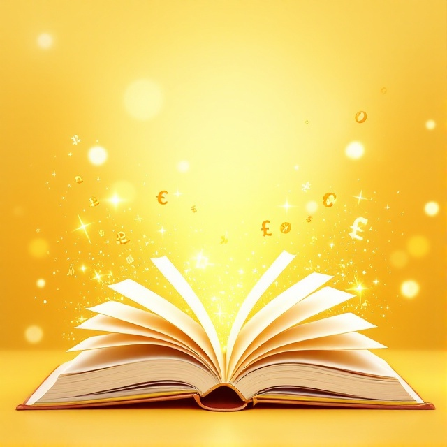 A bright, sunny backdrop with playful yellow hues dominates the cover. In the center, an open book with pages fluttering like wings suggests the freedom and joy of learning a new language. Sparkling economic symbols, such as currency signs and charts, float around the pages, infused with a vibrant energy. The overall design hints at the growth and positivity associated with mastering economic English.
