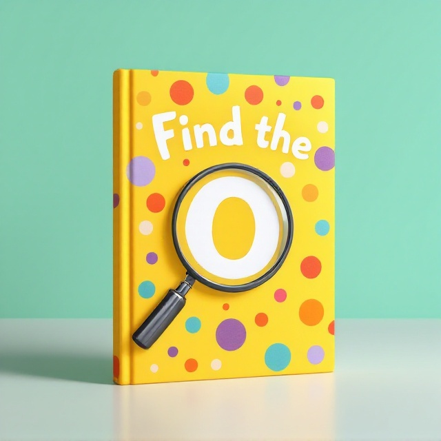 [The cover features a bold, bright yellow background with large, playful polka dots in various colors scattered across the entire front. In the center, there is a mischievous cartoon magnifying glass partially covering a single letter "O" among many other non-O letters.].