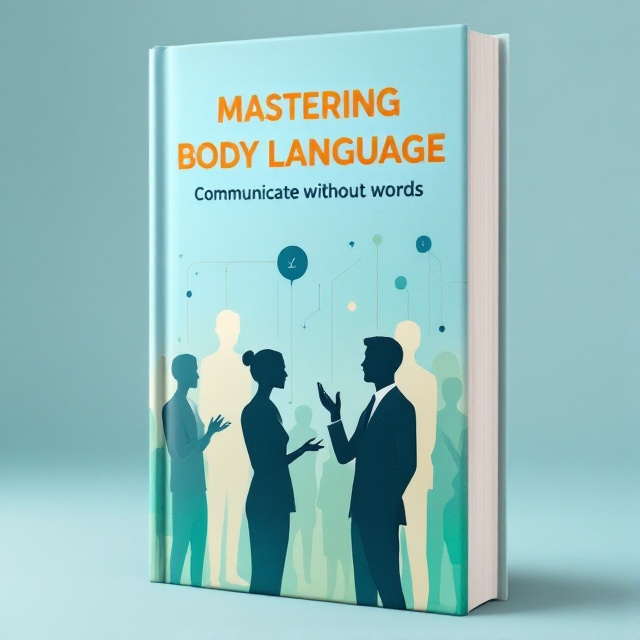 Abstract human silhouettes incorporate gestures such as open posture, maintaining eye contact, and expressive hand movements. The design uses a gradient background transitioning from light blue to soft green, suggesting calm and confidence. Thin lines radiate from the figures, symbolizing connection and communication.