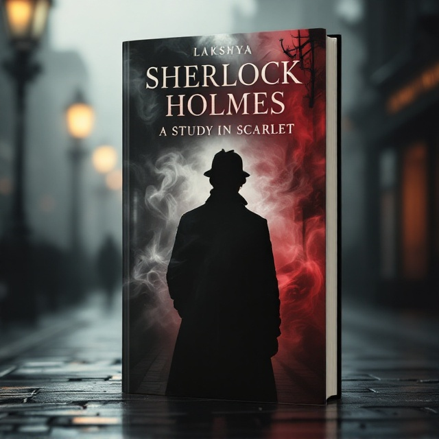 The cover features a silhouette of Sherlock Holmes in his iconic deerstalker hat, standing in the shadows with the foggy streets of Victorian London in the background. The figure of Holmes is partially enveloped in a cloud of mysterious smoke swirling around, hinting at the enigmatic nature of the story. A subtle scarlet red tint overlays the scene, suggesting the depth and intensity of the narrative. In the lower section, a shadowy figure of Jefferson Hope fades into the background, symbolizing his hidden presence and the underlying story of revenge.