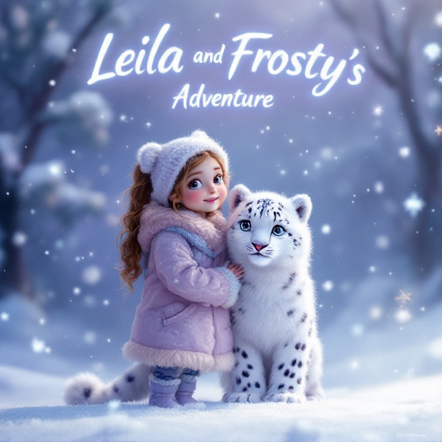 The book cover features a dreamy winter scene filled with swirling snowflakes and ice crystals. In the foreground, the 11-year-old girl stands confidently with her fluffy snow leopard, both gazing boldly into the distance. Pastel purples and blues wash over the entire scene, giving it a magical aura. The snow leopard is positioned to the girl's side, under her protective arm, making them appear as adventurous companions. The snowy background gently transitions from darker shades of blue at the edges to a lighter, almost white shade in the center, drawing focus towards the characters.