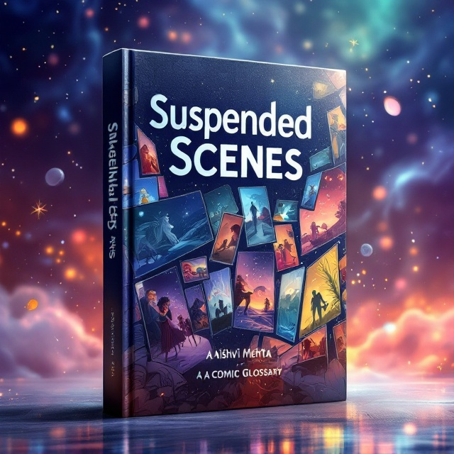 A fantastical depiction of diverse comic strip panels, irregularly suspended in the air, each showcasing remarkable scenes with animated characters, frozen mid-action. These panels hover amidst swirling mist and luminescent particles, creating an ethereal tapestry. The background melds from a deep violet to gentle twilight orange, a dreamlike suspended tableau.