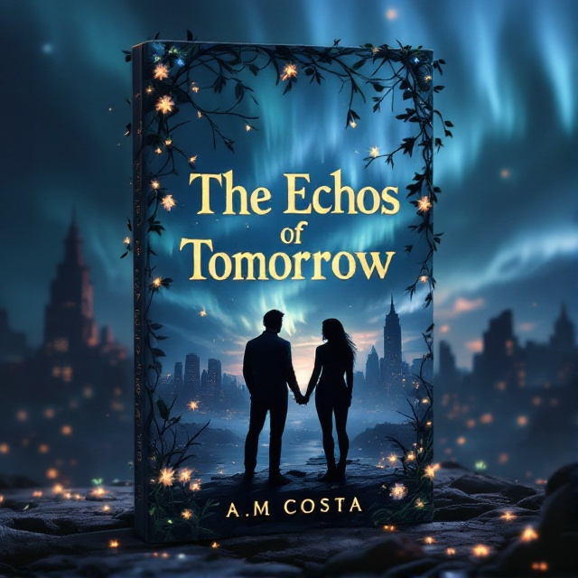 A shattered city skyline in the background, bathed in a dusky twilight with hints of a mystical aurora borealis above. Silhouettes of two characters, a male and a female, standing on a crumbling bridge, looking into the horizon with determination. Vines with glowing flowers encircling the edge of the cover, adding a touch of mysticism.