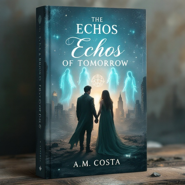 A desolate yet beautiful cityscape with crumbling skyscrapers partially obscured by mist, an ethereal glow on the horizon suggesting dawn. In the foreground, two figures stand close together—a young man and woman, cloaked in tattered but regal attire, with intertwined hands. Ghostly apparitions of friends hover above them, shrouded in soft blue light, with a mystical symbol outlining their figures, adding an element of mystery and connection.