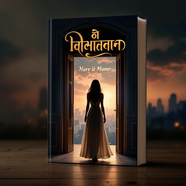 A silhouette of a woman in a flowing dress stands at the center of the cover, with her back turned to the viewer, gazing towards a softly lit entrance door. The background features a dusky cityscape with clouds tinted in shades of pink and purple, suggesting a romantic evening. The overall color scheme is warm with hues of twilight blue blending with soft gold, evoking both melancholy and allure.