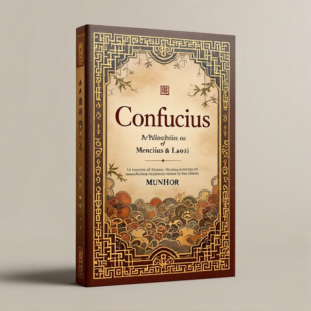 The cover features a central image of a stylized, ancient Chinese bamboo scroll with calligraphy that hints at the philosophies of Confucius, Mencius, and Laozi. Intricate patterns inspired by Chinese art border the scroll, incorporating symbols like the yin and yang or dragon motifs. The background is a rich brown, evoking the timeless nature of these philosophies.