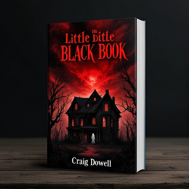 A shadowy, decrepit house with shattered windows and an overgrown yard sits under a blood-red sky. Dark, looming clouds swirl ominously above the house, with skeletal trees framing the scene. Jagged, claw-like branches reach out across the cover, enhancing the sinister atmosphere. A ghostly figure, barely visible, lingers in the background, adding a chilling sense of presence.