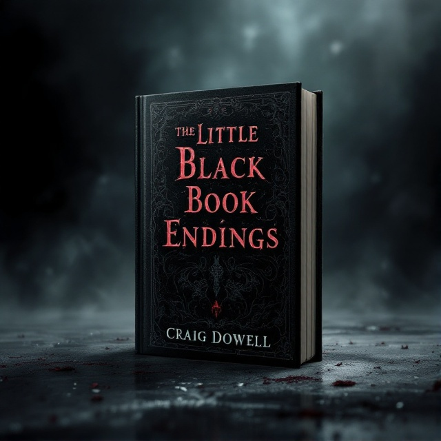 A mysterious black book with an intricate and eerie design on its cover, laying flat in the centre of a dark, misty background. Shadows and faint, ghostly figures are emerging around the book, creating a sense of dread and unease. The background gradients from black to a deep, blood-red hue at the edges.