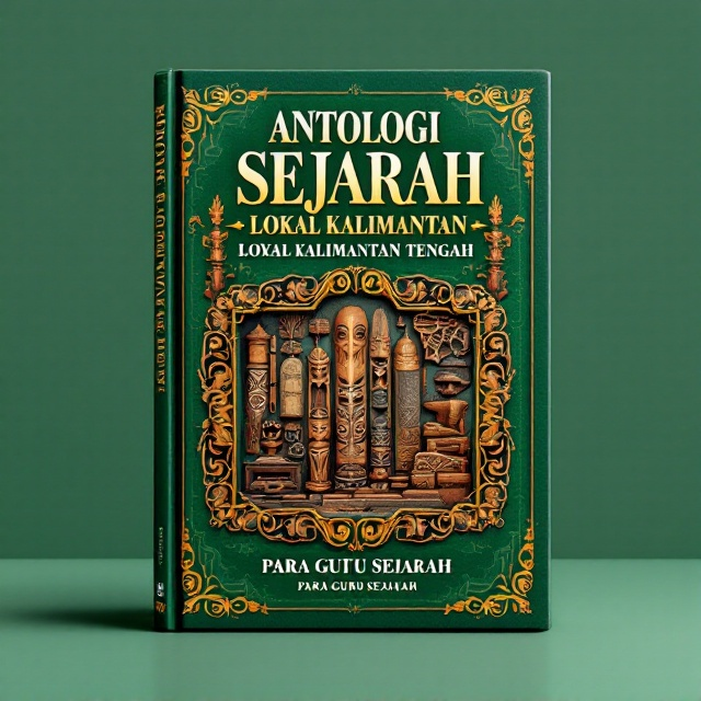 A vibrant green background representing the lush environment of Central Kalimantan. Centered on the cover, an illustration of traditional Dayak wooden carvings interspersed with historical motifs like ancient maps or old photographs depicting Central Kalimantan’s history. The artwork is bordered by a gold ornate frame to give a touch of elegance and historical richness.