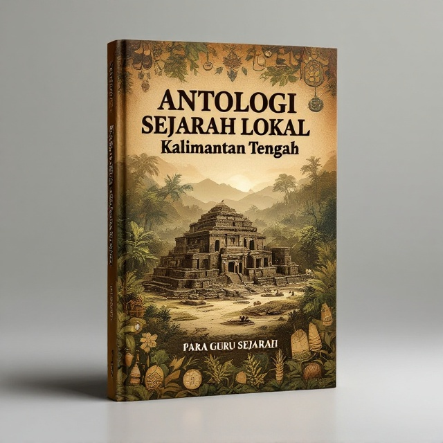 The cover features a nostalgic sepia-toned photograph of an ancient Kalimantan Tengah archaeological site as the central image. Surrounding this photo are smaller illustrations of historical artifacts, traditional Dayak tribe motifs, and lush rainforest scenery. The background transitions from a deep brown at the top to an earthy green at the bottom, creating a layered effect symbolizing the depth of history.