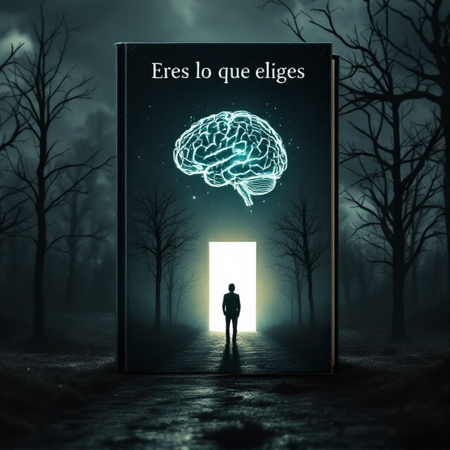A dark, brooding landscape is shown at dusk, with a lone silhouetted figure standing at a crossroads lined with eerie, bare trees. Behind the figure, a faint light glows, illuminating a path that leads towards the skyline. To one side, a slightly open door hovers, emitting a soft, mysterious light, hinting at the unknown choices beyond. A translucent brain outline overlays the sky, seamlessly integrated into swirling clouds, symbolizing thought and introspection. Intricate shadows and highlights create a three-dimensional effect, drawing the viewer deeper into the scene.
