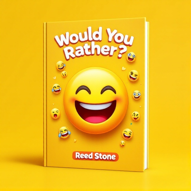 A large, cheerful emoji graphic in the center with vivid expressions, surrounded by smaller emojis displaying various fun faces. The background is a vibrant yellow that complements the playful theme. The author's name is subtly placed at the bottom in a curved shape to mimic a playful smile.