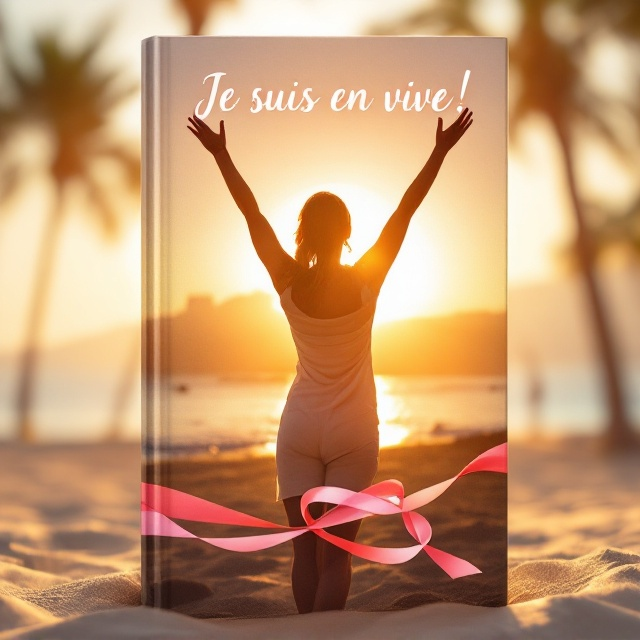 A powerful image of a 30-year-old woman standing triumphantly on a sunlit beach in Nice, her arms raised in victory. Her figure is silhouetted against the golden hues of a setting sun, symbolizing hope and resilience. Subtle textures of palm trees and the distant cityscape of Nice are faintly visible in the background. Soft pink ribbons gracefully swirl across the lower part of the cover, symbolizing the battle against cancer.