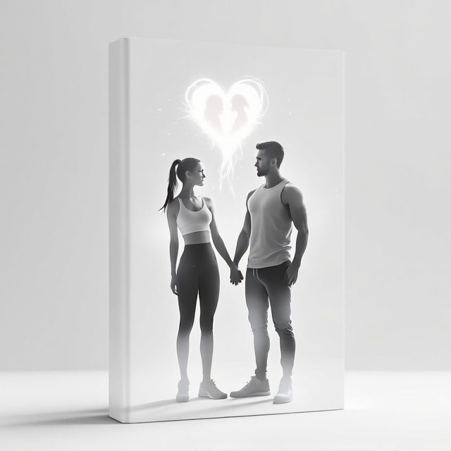 The cover features a serene white background to symbolize purity and emotion. In the center, a tall athletic girl and a short man are depicted holding hands. The girl's heart rate, displayed as an illuminated line, is visible on her tank top. Above and behind them, a translucent silhouette of another girl’s soul gracefully floats, symbolizing a poignant presence. The imagery is ethereal, with soft, diffused lighting to enhance the dual emotions of love and sadness.