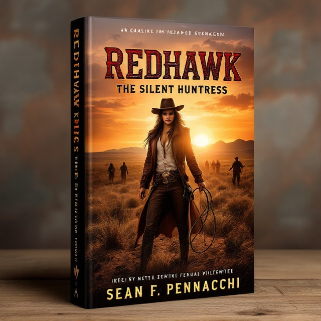 A dynamic scene of the American West at sunset featuring a rugged landscape with open plains, tumbleweeds, and distant mountains. In the foreground, a determined Redhawk, dressed in traditional Western attire with a leather duster and wide-brim hat, holds a lasso in one hand and stares defiantly at the viewer. Beside her, the sharp-eyed beauty she rescues stands closer, showcasing their bond and underlying romantic tension. A silhouette of a vigilante mob is subtly visible in the background, adding an element of danger.