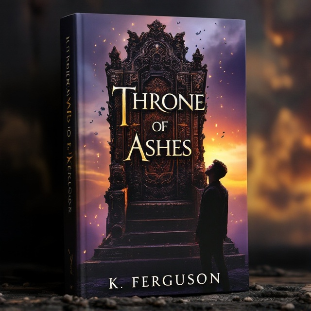 The cover features a grand, ancient throne made of intricately carved dark wood and adorned with small stones, set against a dramatic twilight sky casting golden and purple hues. A few ashes gently drift down from the sky, adding a wistful element. In the foreground, there is a silhouette of a young male figure, symbolizing the coming of age theme, looking up at the throne with awe and determination.
