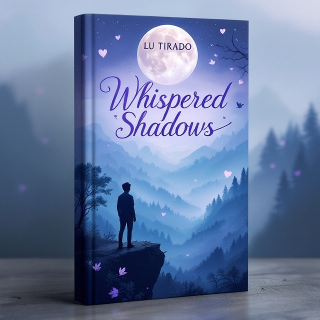A silhouette of a young figure standing on the edge of a cliff overlooks a mysterious, misty valley filled with indistinct shapes and shadowy forests. Above the character, a partially clouded moon casts a pale purple and blue glow across the landscape, enhancing the sense of mystery and adventure. Wisps of fog and spectral shadows create a haunting yet intriguing atmosphere, with subtle hints of heart-shaped leaves fluttering through the air, symbolizing love intertwined with sorrow.