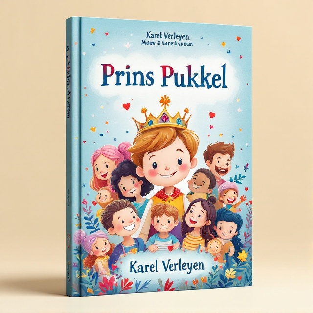 A colorful and whimsical illustration featuring a young prince with a charming smile, surrounded by a diverse group of friends and family. The background is filled with soft, warm colors, and small icons symbolizing friendship and personal growth, such as hearts, stars, and leaves. The prince's crown is slightly tilted, adding a playful touch.