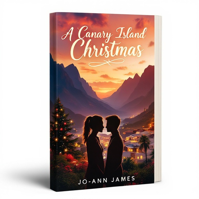 A serene sunset scene over a picturesque Canary Island village, adorned with twinkling Christmas lights. In the foreground, silhouettes of a young couple gaze lovingly into each other's eyes, framed by towering mountains in the background. The scene is infused with warm, inviting hues of red, gold, and green, seamlessly blending romantic and festive vibes.