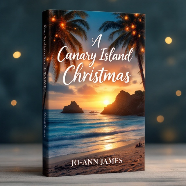 A serene beach scene from the Canary Islands at twilight, with a palette of dusky blues and warm golds. The sun sets behind an outcrop of rock, casting a golden glow over palm trees gently swaying in the breeze. Twinkling Christmas lights hang from the palms, adding a festive touch. In the foreground, gentle waves lap at the shoreline, reflecting the colors of twilight and the lights.