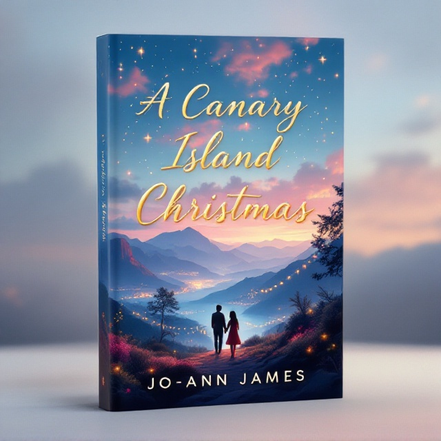 A picturesque view of the Canary Island mountains bathed in a warm, pastel evening glow, adorned with twinkling Christmas lights draped across the landscape. The foreground features a silhouette of a couple walking hand in hand, capturing the essence of new love. The sky above is filled with soft, creamy clouds reflecting pastel hues, creating an ambiance of hope and festive cheer.