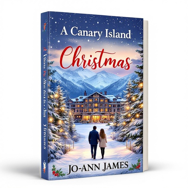 A picturesque Canarian mountain hotel set against a backdrop of snow-dusted mountains. In the foreground, a couple is seen walking hand-in-hand through a path lit by Christmas lights, framed by lush pine trees. Soft snowfall cascades gently through the scene, adding a magical touch. The sky is a blend of twilight hues, hinting at the new beginnings of a budding romance.