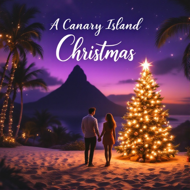 A serene evening scene featuring a couple holding hands, standing near a brightly lit Christmas tree adorned with twinkling lights. The background showcases the iconic Roque Nublo silhouetted against a violet twilight sky, with subtle Christmas lights draping from palm trees. The foreground highlights a sandy beach strewn with a few festive ornaments.