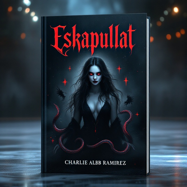A dark, eerie skating rink with dim lighting occupies the background. At the center stands a mysterious vampire woman with pale skin, dark flowing hair, and piercing red eyes. Coiled around her are subtle snake symbols, and faint, ghostly dragon silhouettes are visible in the mist around the rink.
