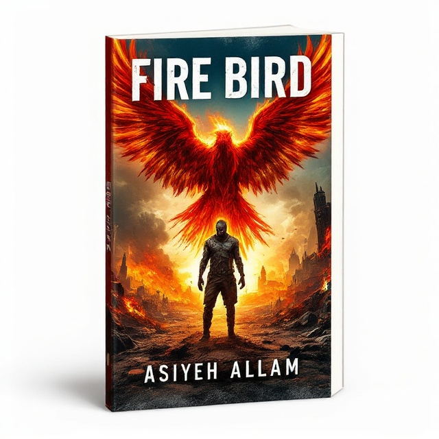 The cover will feature a vivid battlefield scene with a scrawny yet resolute figure standing in the center. The background will depict a war-torn landscape with smoldering ruins and chaotic skies. The central figure will be partially illuminated by a fierce, fiery bird soaring behind them, symbolizing hope and strength amid the dystopian chaos.
