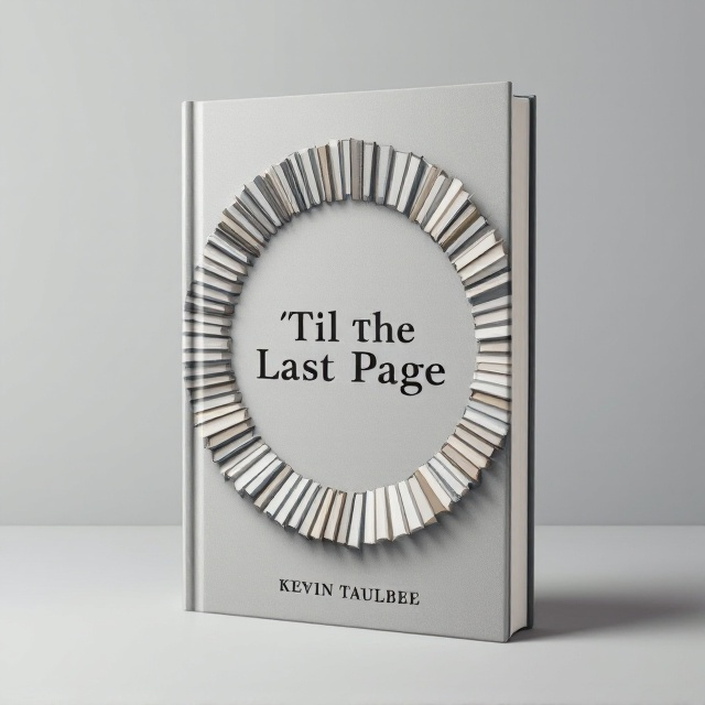 The cover features a neutral grey background. At the center, there is an infinite loop of books, each with a slightly smaller replica of the title and the author’s name 'Kevin Taulbee.' The loop creates a visually intriguing tunnel effect, symbolizing the never-ending nature of the story. The loop is positioned slightly off-center, adding a touch of playfulness and intrigue.