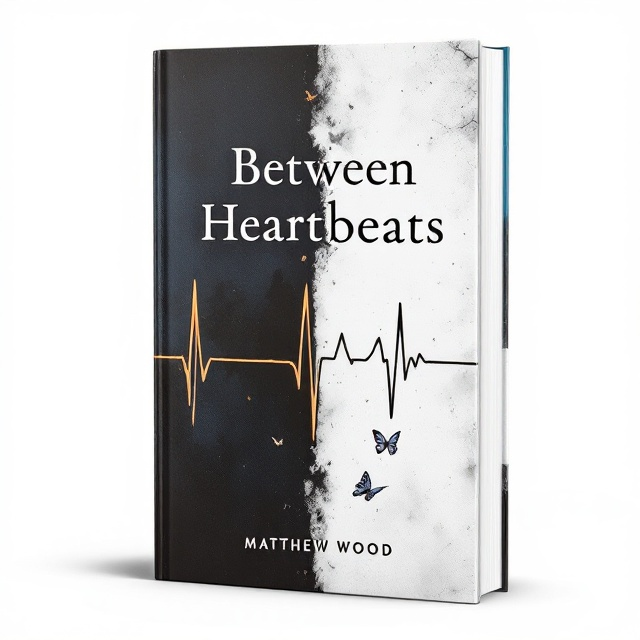 The cover design is split vertically, with the left side representing darkness in deep shades of navy and black, with shadowy figures fading into a flatline pulse. The right side transitions into lightness, using bright whites and soft pastel colors. Here, the pulse is depicted as lively and rhythmic, intertwined with a butterfly fluttering upwards, symbolizing hope and transformation.