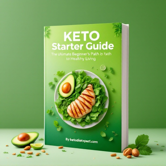 The cover features a vibrant background with a gradient blend of lush green transitioning into crisp white, symbolizing health and vitality. Accentuating the theme, subtle keto elements like avocado slices, leafy greens, and nuts are tastefully integrated around the edges. Centered on the cover is a clean, minimalistic photo of a keto-friendly meal consisting of grilled chicken, avocado, and leafy greens.