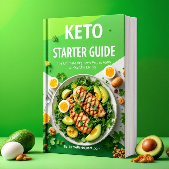 A vibrant gradient background blending shades of green and white, symbolizing health and vitality. The top center features the bold title "Keto Starter Guide" in a clean, modern sans-serif font. The subtitle, "The Ultimate Beginner’s Path to Healthy Living," is placed below the title in a smaller, complementary font. Keto-themed elements like sliced avocados, leafy greens, nuts, and eggs are subtly integrated as accents around the edges. At the center, an appetizing image or illustration of a keto-friendly meal, such as grilled chicken with avocado and leafy greens. The author's name "By ketodietexpert.com" is subtly positioned at the bottom.