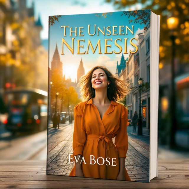 A vibrant, sunlit London street in the background with iconic landmarks subtly visible. A joyful woman wearing a bright dress, standing on a cobblestone path, with an air of mystery and intrigue in her expression. Light and shadows play on the scene, creating a sense of depth and realism.