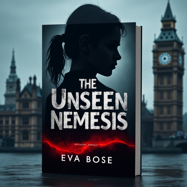 A dark and moody cover with a silhouette of a 20-year-old girl in the foreground, her face showing determination and sadness. Behind her, the iconic London skyline is subtly shown, shrouded in a misty and mysterious atmosphere. A splash of red, symbolizing blood, discreetly trails across the bottom, leading to an unseen point, enhancing the murder theme.