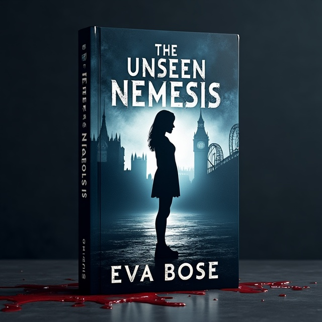 A striking cover featuring a dark background with an ethereal skyline of London subtly illuminated, casting an enigmatic aura. In the foreground, the silhouette of a 20-year-old girl stands poised, reflecting a complex blend of emotions. Blood artistically drips at the edge of the scene, adding tension.