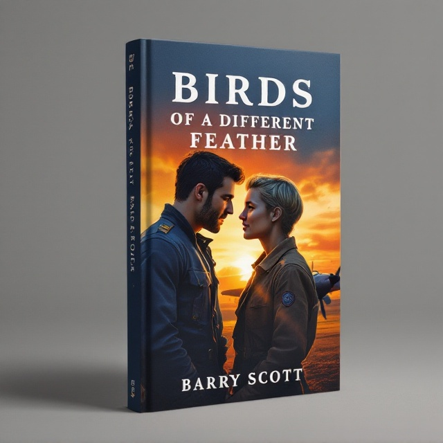 The cover features a dramatic, painterly illustration of a sunset at an airbase, casting an orange hue across the horizon. A WWII fighter aircraft is subtly silhouetted in the background, with its propeller in sharp focus. In the foreground, a striking depiction of two men showcases the muscular, dark-haired man in a blue RAF sergeant's uniform and the slim, blonde man in a brown RAF pilot uniform engaging in a warm, intimate gaze. Their expressions exude feelings of honor and love amidst their duty. The primary dark blue color provides a strong contrast, enriching the sunset's glow.