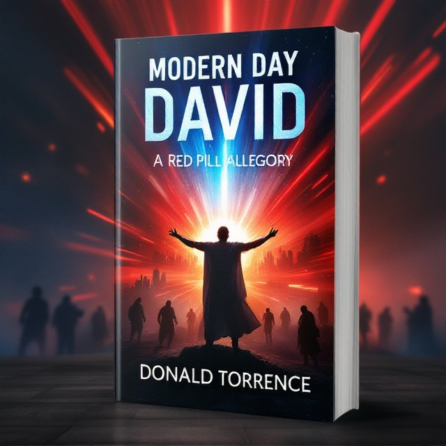 A triumphant figure stands boldly in the foreground, visually evoking a modern David, poised with strength and determination. A dramatic blend of red and blue beams radiates from behind him, symbolizing hope, courage, and victory. The background showcases a cityscape under siege, subtly depicting the conflict, with shadowy figures representing The Legion of 6 lurking in the corners.