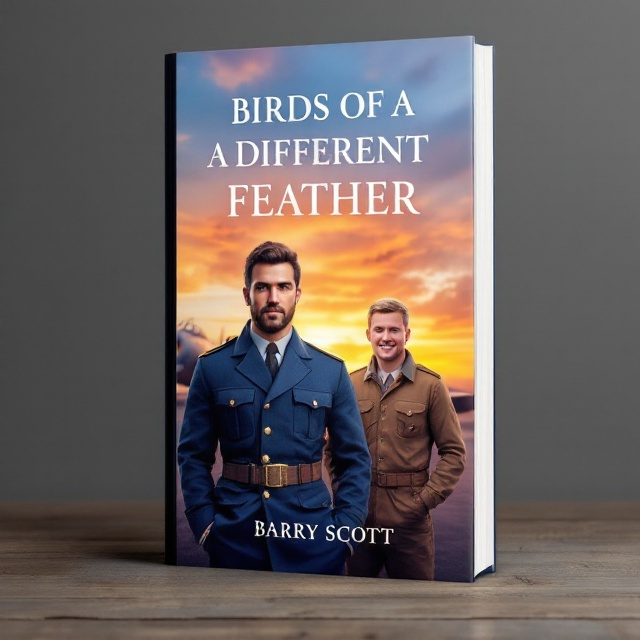The cover features a vivid scene of an airbase set against a stunning sunset, with shades of orange and purple blending into the preferred primary color, blue. In the background, a beautifully rendered WW2 fighter aircraft is parked on the airfield. In the foreground, two characters are prominently placed— a handsome, muscular, dark-haired man in a pristine blue RAF uniform and a smiling, blonde man in a brown RAF pilot uniform without insignia. The sunset's glow enhances the overall atmosphere of honour, duty, and love.