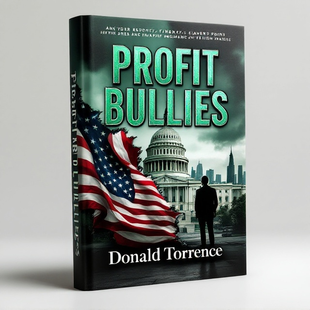 The cover features a dramatic skyline of Manhattan in the background, symbolizing the proximity of Raven's Point. In the foreground, the imposing U.S. Capitol dome signifies political power entwined with financial manipulation. A torn American flag is integrated into the composition, partially wrapping the Capitol, suggesting both national pride and betrayal. The shadowy silhouette of a politician stands prominently, exuding an air of cunning intelligence. The color scheme primarily utilizes shades of green and white, casting an ominous tone over the scene.