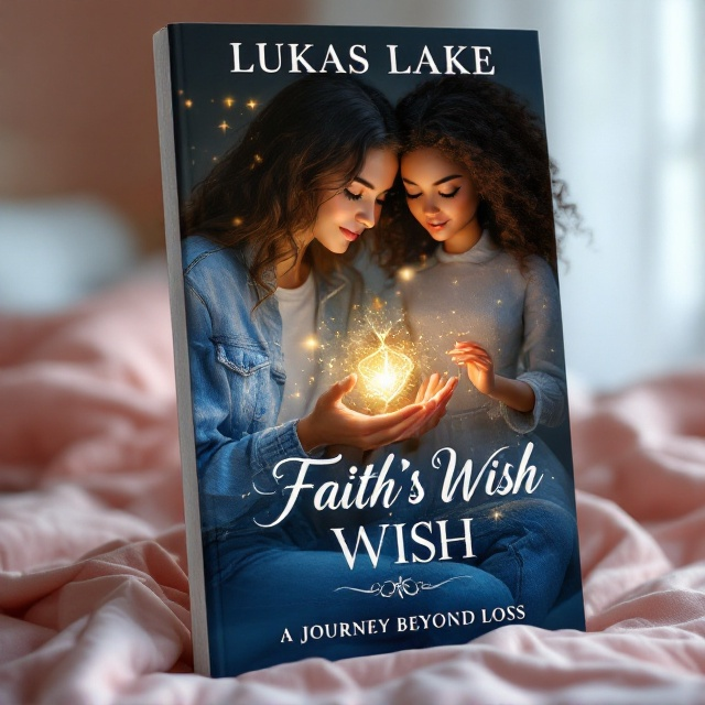 The cover showcases Faith sitting on the edge of a soft, implied pink bed, her jeans and slightly worn sweater mirroring her pensive mood. Her gaze is fixed on a glowing pendant in her hands, emitting a magical aura of golden sparkles and faint rays. Next to her stands Emily, a life-sized fashion doll, dressed in radiant and stylish attire, her hand gently raised in a comforting gesture, surrounded by a warm glow.