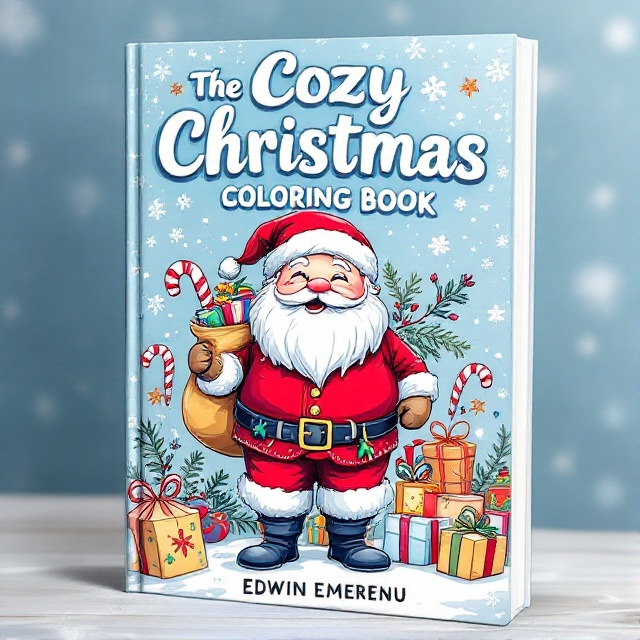 The cover features a large, cheerful illustration of Santa Claus holding a bag of presents. Around him are decorative ornaments and festive patterns like snowflakes and candy canes. The background has a soft, frosty blue color, suggesting a wintry, cozy feeling. Small, playful snowflakes are scattered throughout, adding to the holiday charm.