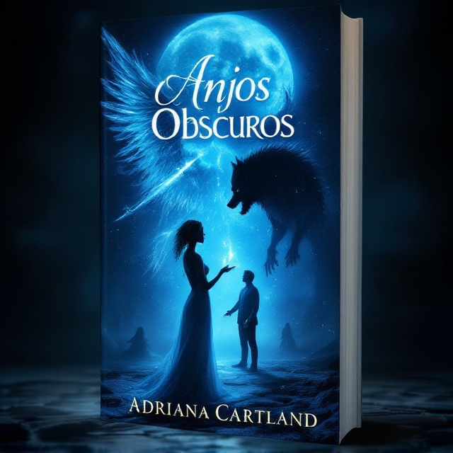A moonlit night setting with a surreal blend of blue and black hues; a woman with an ethereal glow stands in the foreground, her hand outstretched towards a man facing her. Emerging from her back, an angel with glowing wings and a sword. Behind the man, a werewolf shadow forms, emanating a mystical aura. On the sides, subtle hints of witches casting spells add to the magical realism.