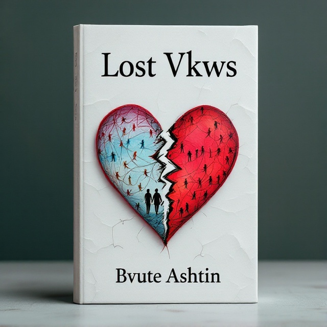 A heart which is broken into two parts, one part showing a faded silhouette of a couple walking away from each other, and the other half filled with colorful drawings of children connecting the broken pieces with strings. Background features subtle textures of crumpled paper to symbolize miscommunication and emotional distress.