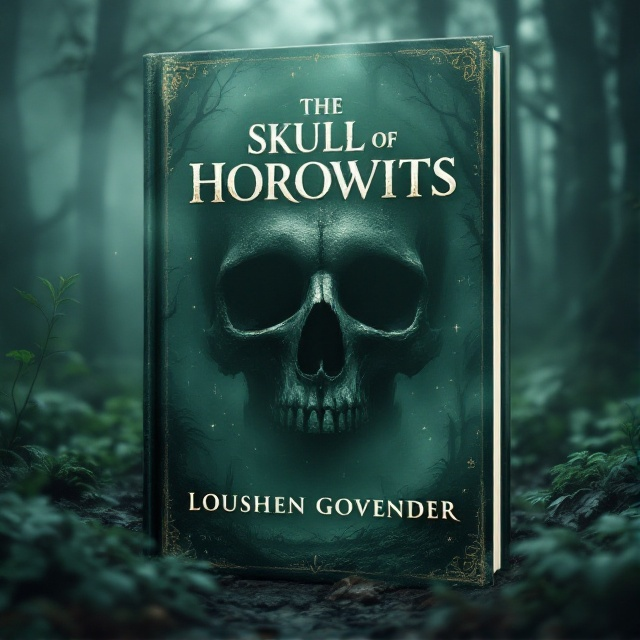 standing book mockup, Its title is "The Skull of Horowits". Its author name is Loushen Govender.  A dark and mysterious forest shrouded in mist, with the silhouette of a skull faintly visible within the trees. The colors are predominantly dark greens and blacks with hints of dim, eerie lighting to create a menacing atmosphere. Hidden within the foliage, symbols and ancient runes suggest a deeper mystery. The title, "The Skull of Horowits," is in a bold, serif font with weathered edges to give a sense of age and wear. The author’s name, "Loushen Govender," is in a clean, simpler sans-serif font., The skull is positioned centrally, with the mist and trees framing it. The title is placed at the top, slightly arched to follow the top contour of the skull, while the author’s name is placed at the bottom in a smaller size, aligned centrally.