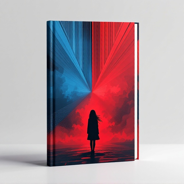 The cover is divided into two distinct halves with a bold diagonal line running from the top left to the bottom right, one side in a deep, magnetic blue and the other in a vibrant, electric red. On the blue side, parallel lines of varying thickness converge towards the center, evoking a sense of movement and tension. On the red side, a shadowy silhouette of a girl stands poised at the center intersection, adding an air of mystery. The background is subtly layered with abstract, cloud-like textures to enhance the enigmatic feel.