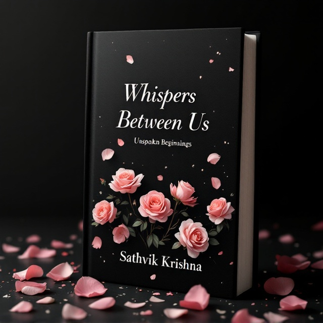 Black background with delicate, minimalist rose motifs scattered across the cover, resembling petals caught mid-fall. The rose color is a soft pink to symbolize romance against the deep black to heighten contrast and focus.