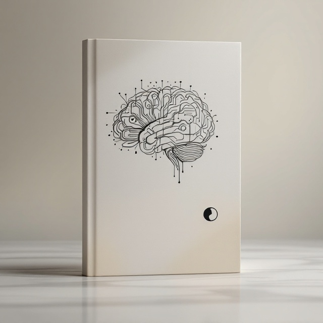 The cover features a minimalist design with a stylized brain composed of sleek, interconnected circuitry patterns that reflect both modern neuroscience and the flow of energy as understood in Taoism. The background is a serene, light gradient that elicits calmness and positivity. A subtle, translucent symbol of the yin-yang is overlaid near the lower right corner, symbolizing balance and resilience, tying in stoic elements.