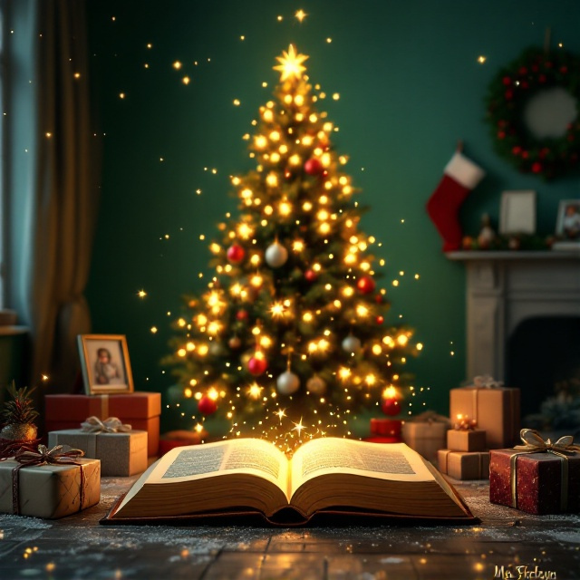 A cozy living room scene with a deep green backdrop. A glowing Christmas tree is situated centrally with soft, radiant fairy lights. Below the tree, an open book emits a gentle, enchanting golden glow. Wrapped presents are arranged under the tree, while stockings hang from the mantle in the background. A subtle overlay of delicate snowflakes adds a magical touch, and a family photo frame on a side table hints at nostalgia and warmth.